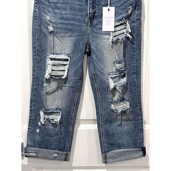 Risen Jeans Womens 15/32 Blue High Rise Straight Crop Distressed Stretch Denim - Picture 5 of 13